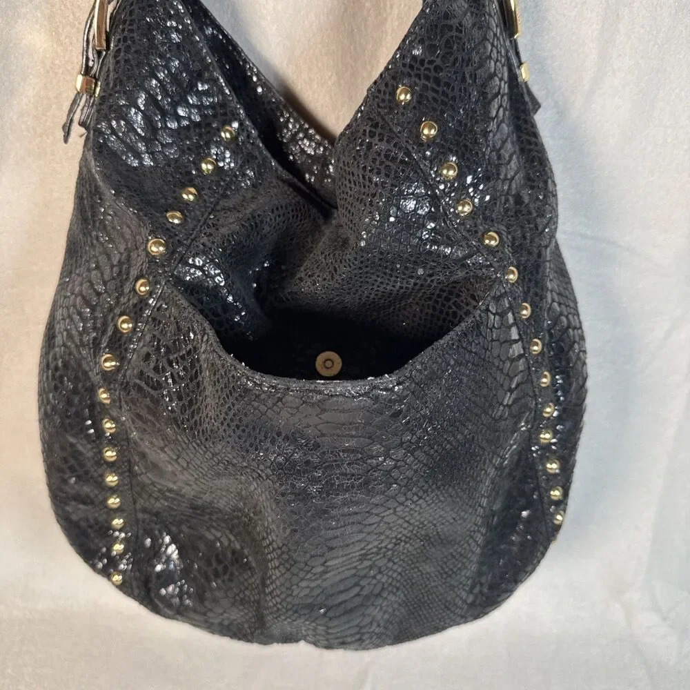 Michael Kors Black Snakeskin Python Chain Tote Shoulder Bag Boho gold accents